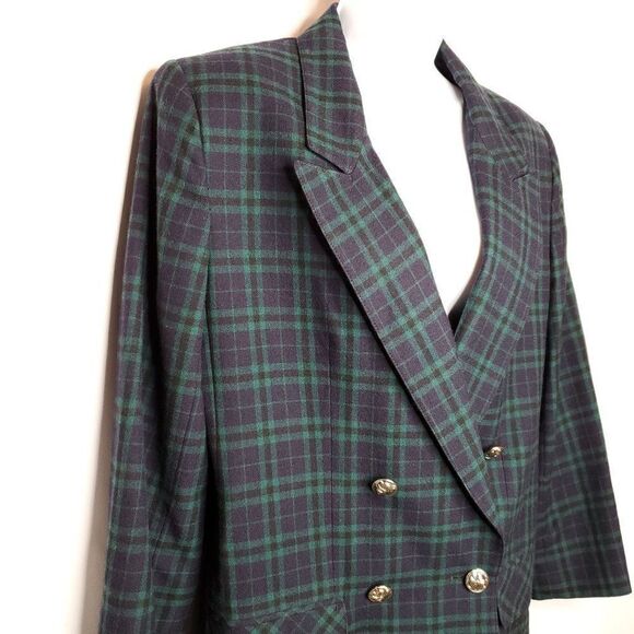Vintage Wool Plaid Tartan Vintage Sz 8 Double Breasted Green Navy Blue - Picture 2 of 7